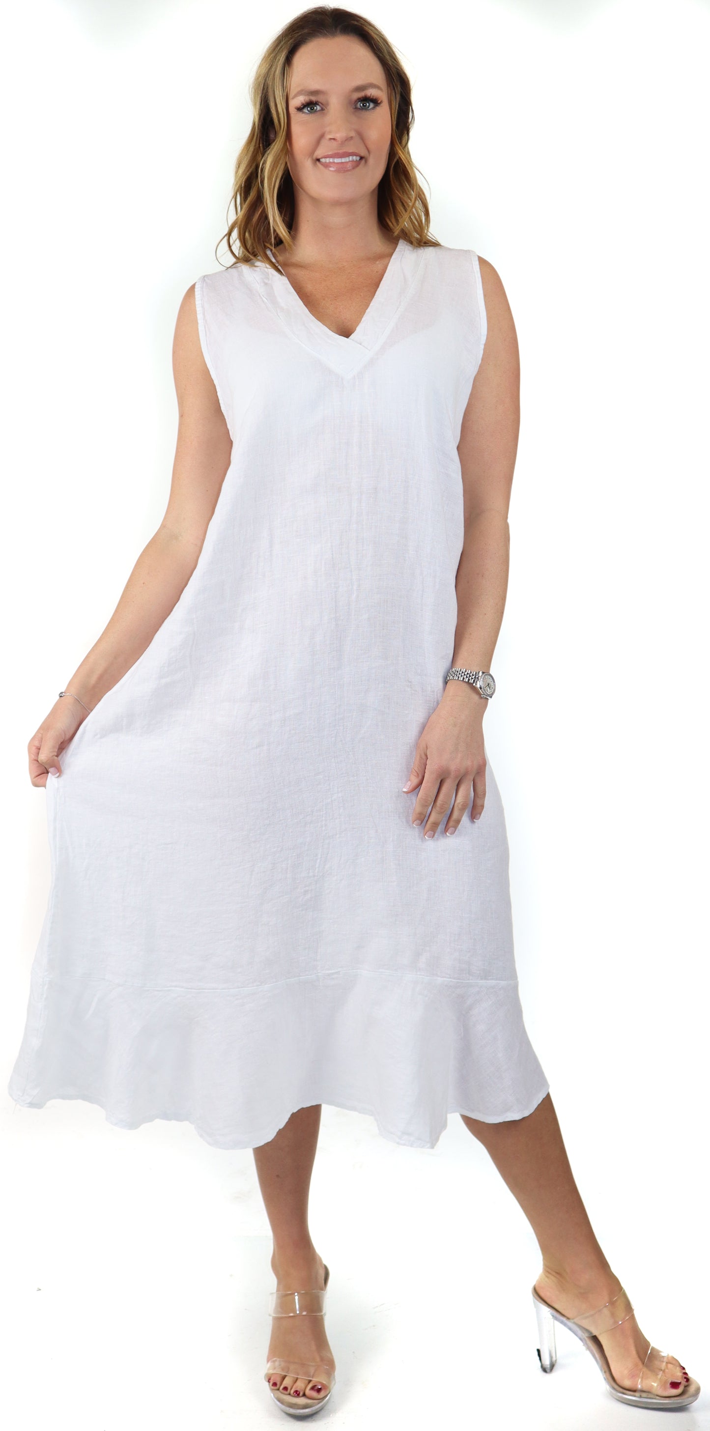 100% Linen Bohemian Sleeveless Boho Sun Dress, Made in Italy