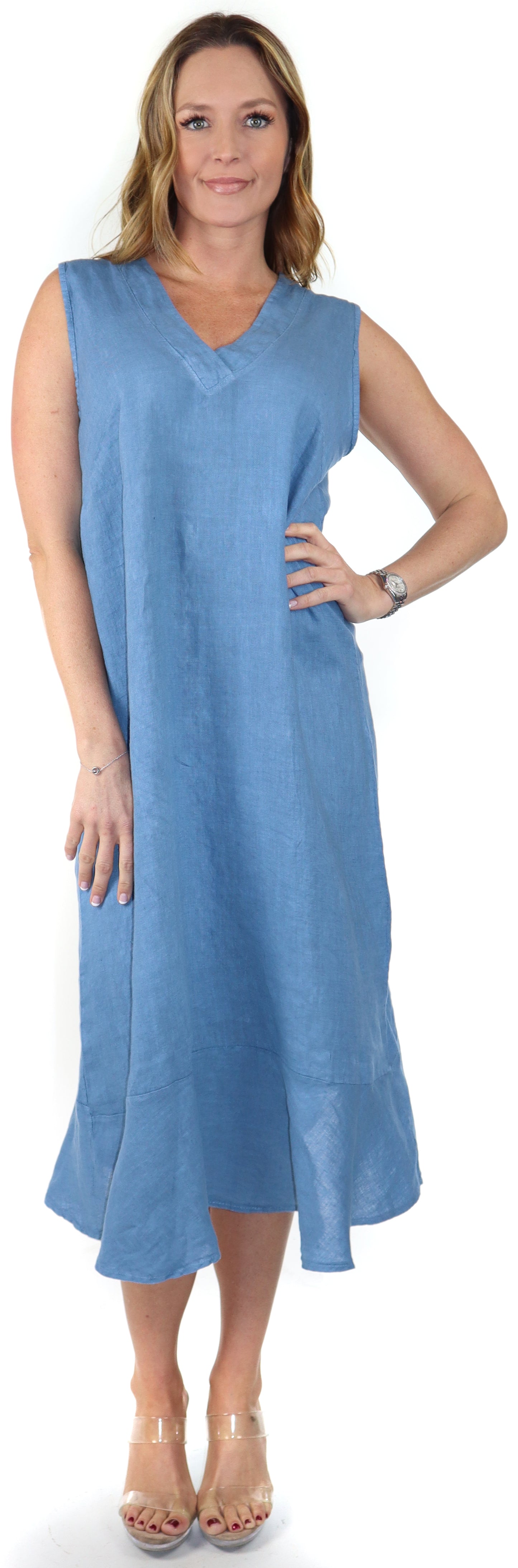 100% Linen Bohemian Sleeveless Boho Sun Dress, Made in Italy