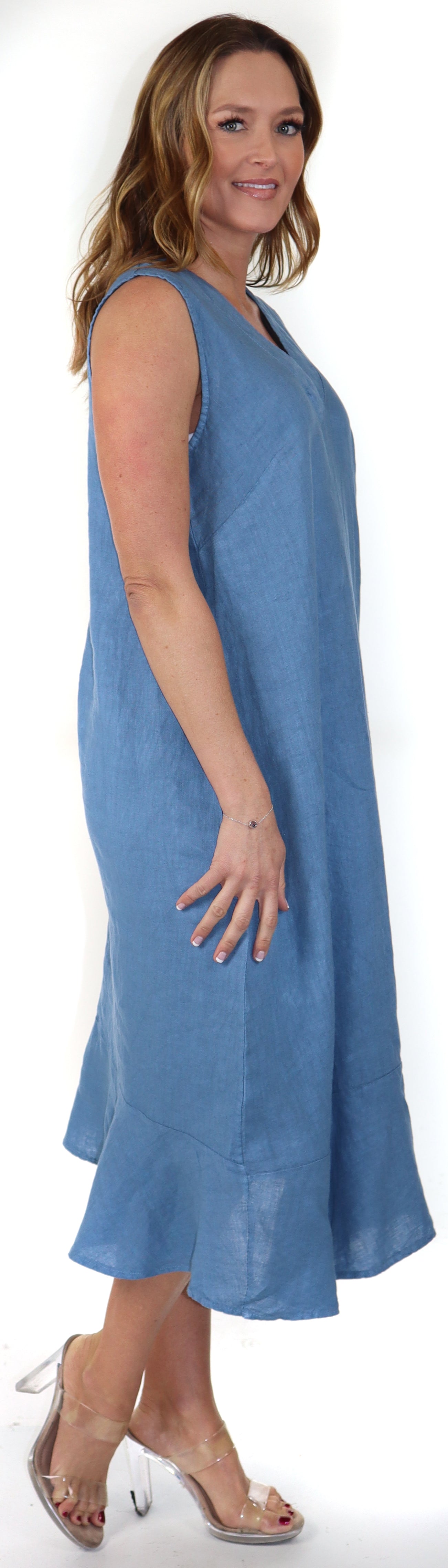 100% Linen Bohemian Sleeveless Boho Sun Dress, Made in Italy