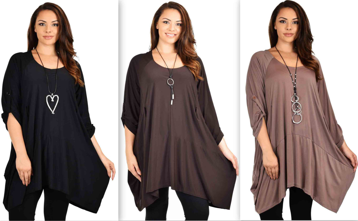 Asymmetrical Lagenlook Tunic, Fishtail Tunic , European inspired Tunic Top w/ Roll Up Sleeves Plus Size
