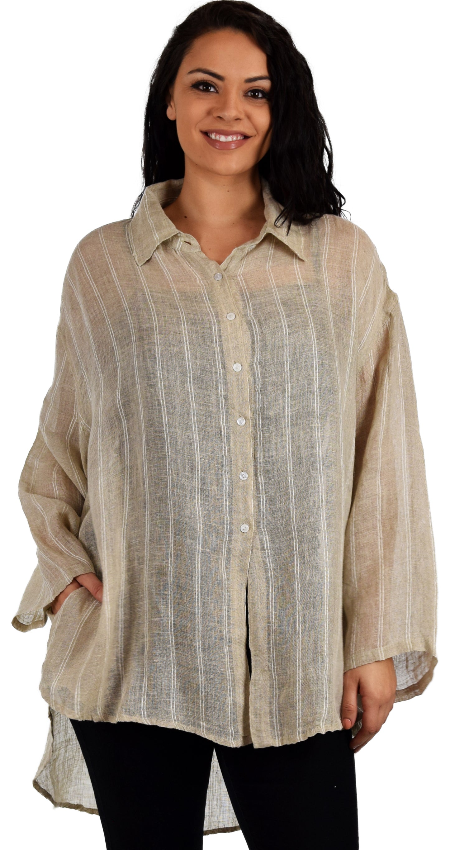Women's Linen Gauze Blouse,  High Low Button Down Linen Shirt , Semi Sheer Linen Gause Tunic, Regular & Plus Sizes