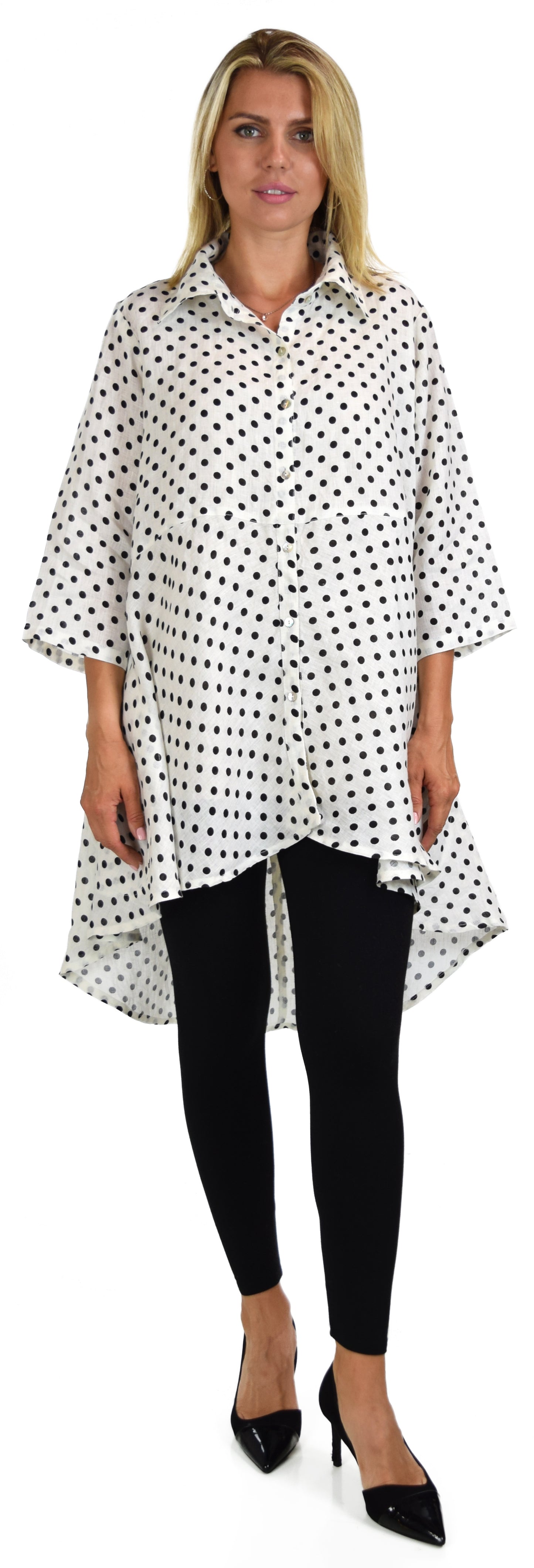 Copy of Hi Low Button Down A Line Swing Dress Shirt Top Reg and Plus Sizes