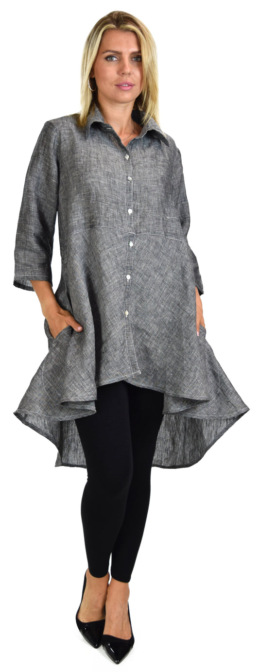 Hi Low Linen shirt,  100% linen Blouse, Wome linen top, Linen Tunic, Polka Dot Linen Shirt, Plus size Shirt, Plus size linen blouse