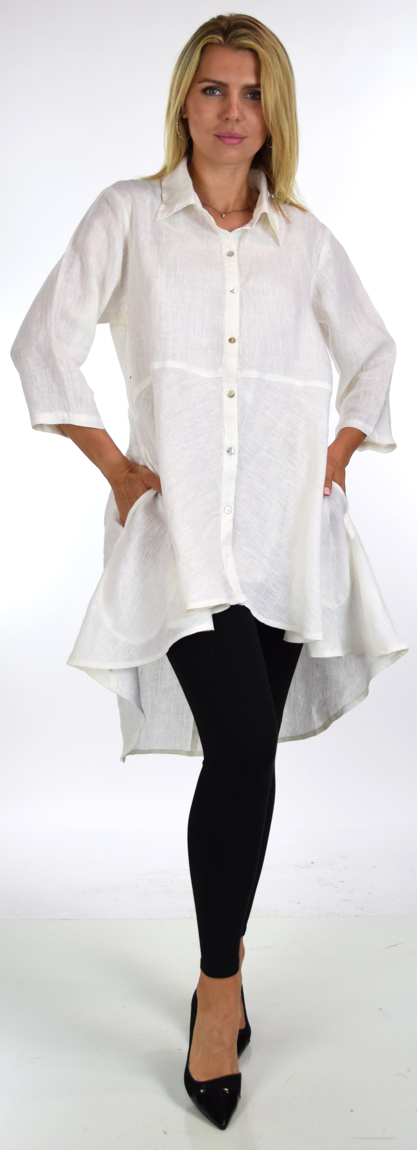 Copy of Hi Low Button Down A Line Swing Dress Shirt Top Reg and Plus Sizes