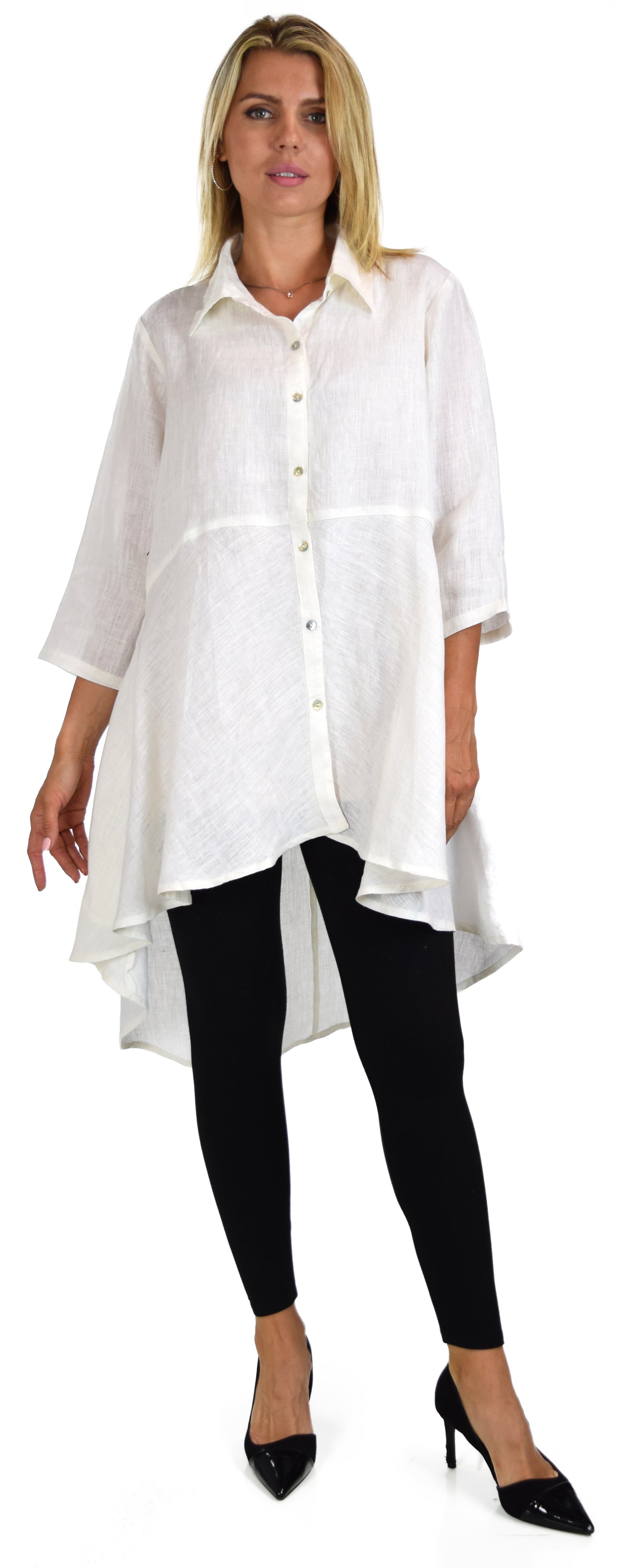 Copy of Hi Low Button Down A Line Swing Dress Shirt Top Reg and Plus Sizes