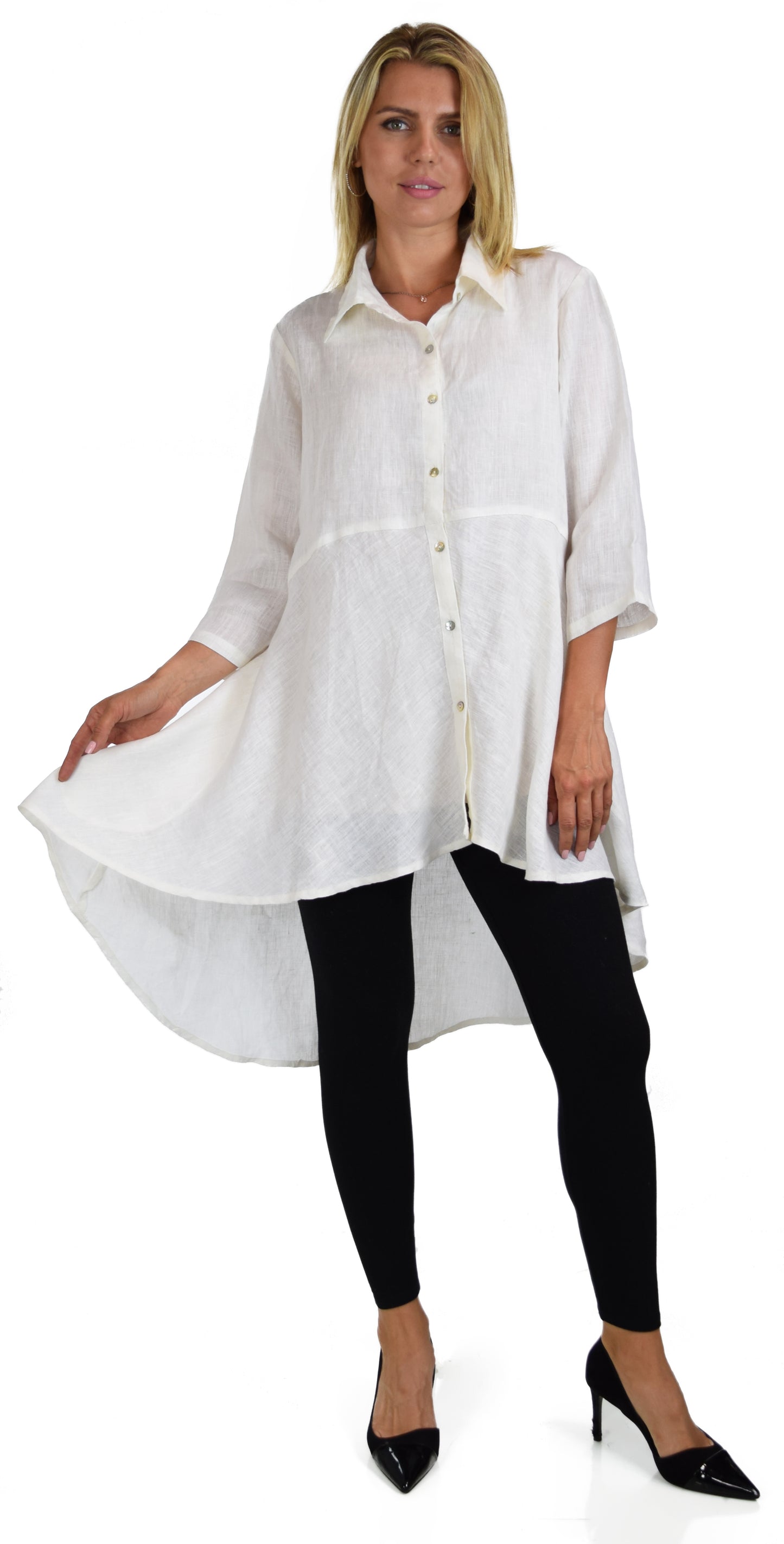 Copy of Hi Low Button Down A Line Swing Dress Shirt Top Reg and Plus Sizes