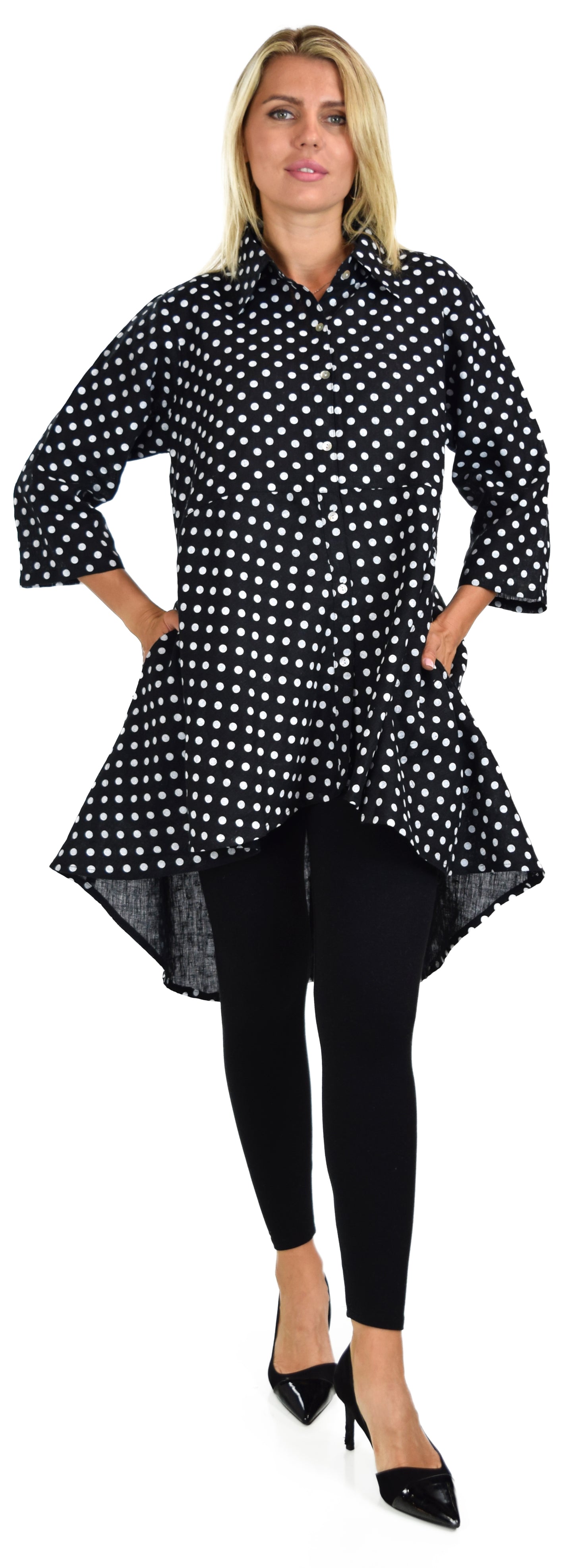 Copy of Hi Low Button Down A Line Swing Dress Shirt Top Reg and Plus Sizes