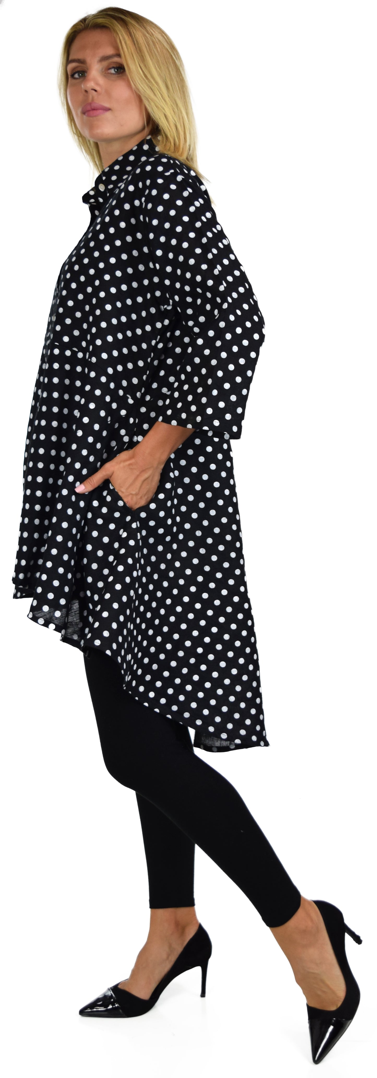 Copy of Hi Low Button Down A Line Swing Dress Shirt Top Reg and Plus Sizes