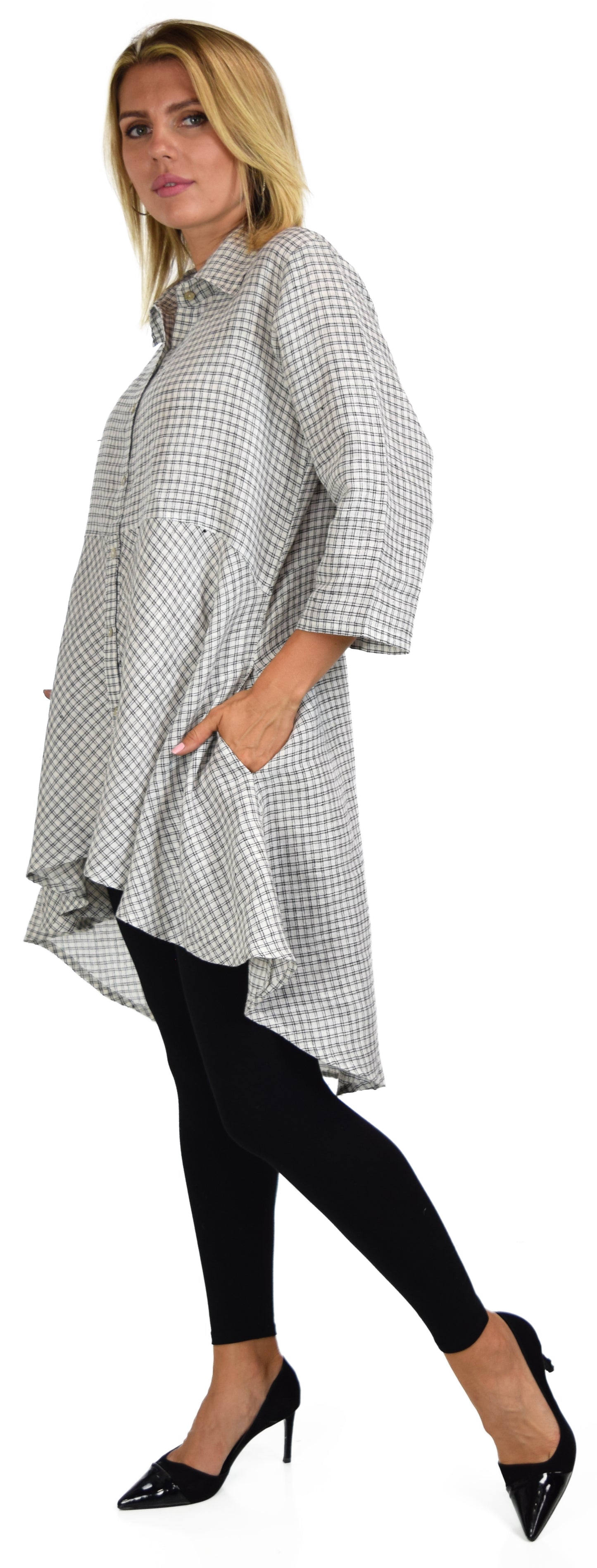 Copy of Hi Low Button Down A Line Swing Dress Shirt Top Reg and Plus Sizes