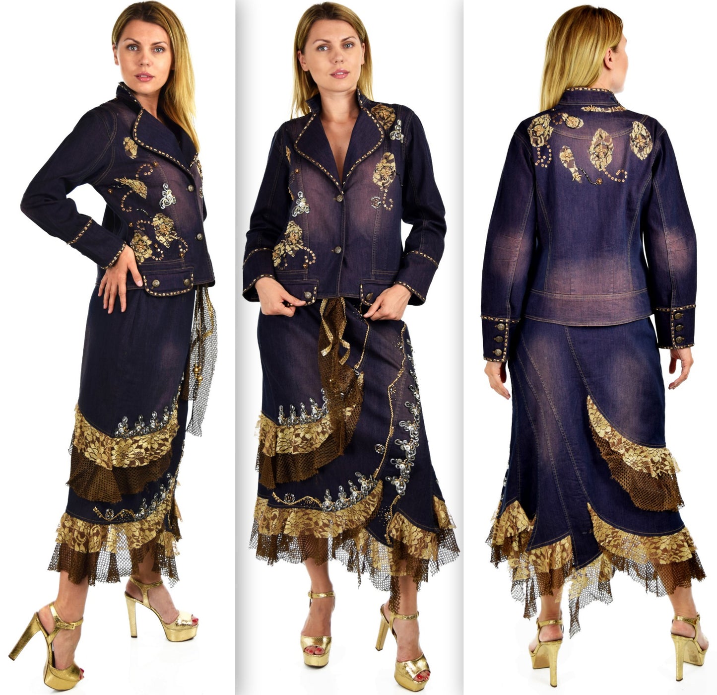 Royal Concepts handmade denim set. Embellished skirt set. Denim skirt set, Plus size denim skirt set, From Medium to 3XL