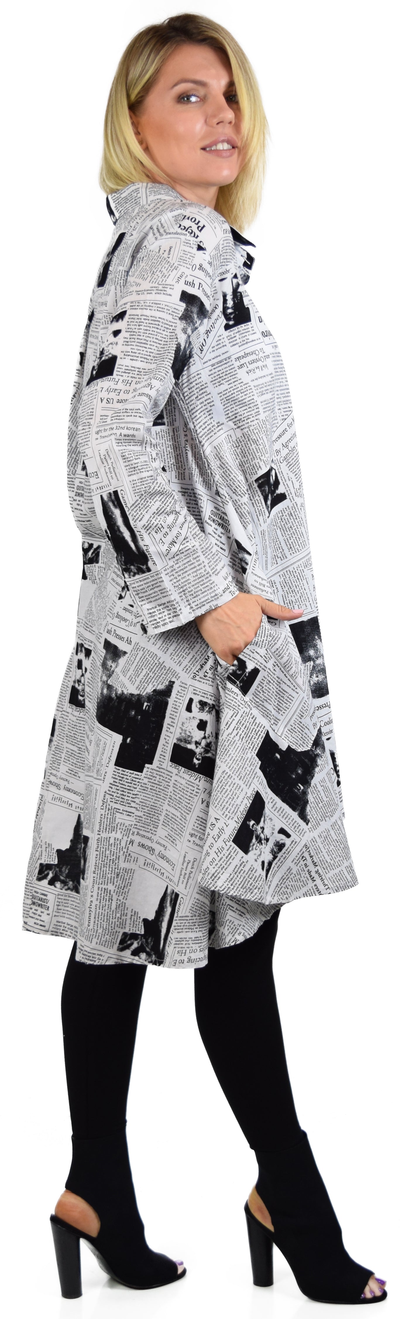 Newspaper Print Shirt, Designer Shirt, Hi Low Shirt, Cotton Shirt, Newspaper Print Blouse, Newspaper Print Clothing, Size Small to 3XL