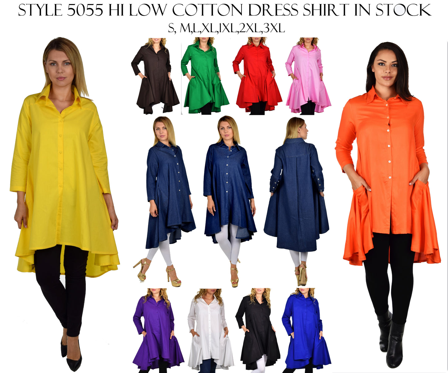 Hi Low Button Down A Line Swing Dress Shirt Top Reg and Plus Sizes