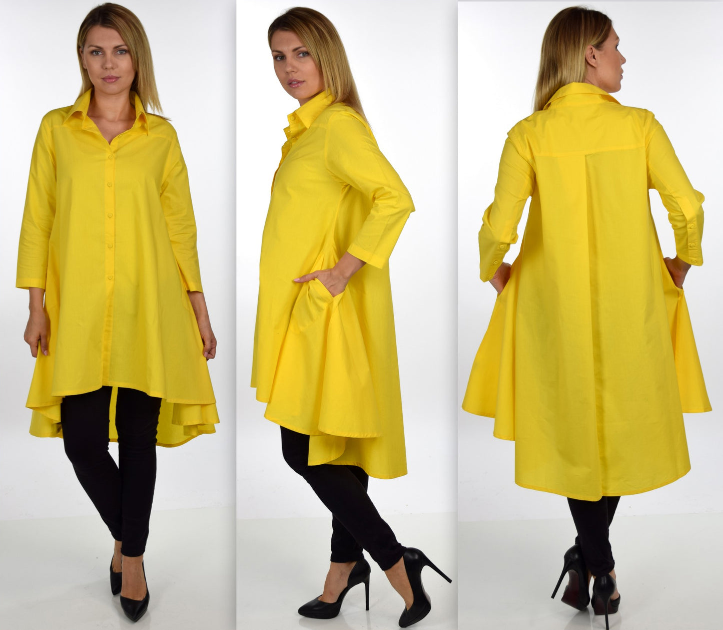 Hi Low Button Down A Line Swing Dress Shirt Top Reg and Plus Sizes