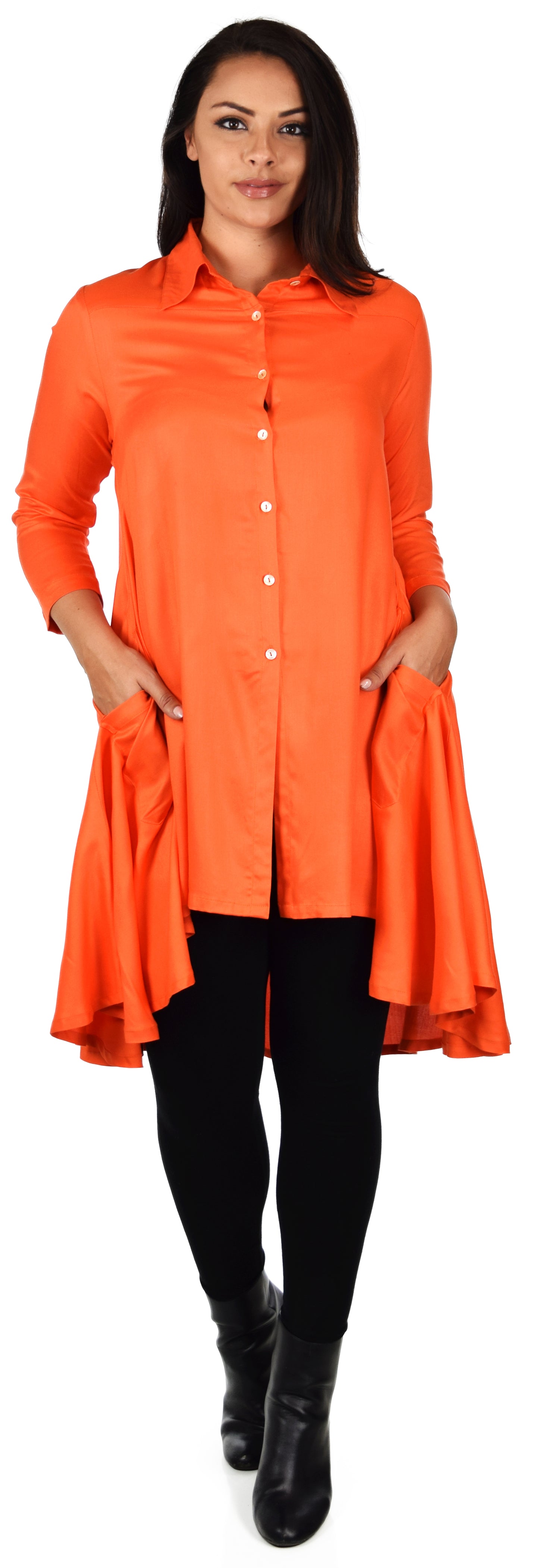Hi Low Button Down A Line Swing Dress Shirt Top Reg and Plus Sizes