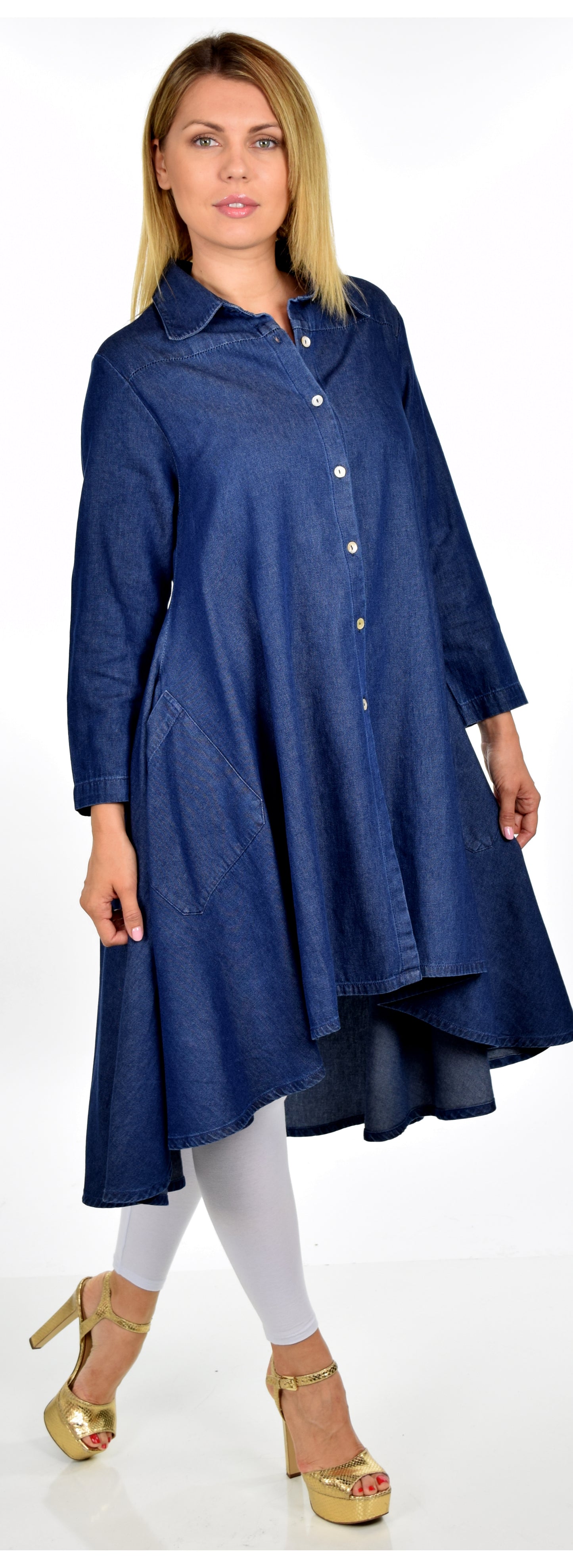 Hi Low Button Down A Line Swing Dress Shirt Top Reg and Plus Sizes
