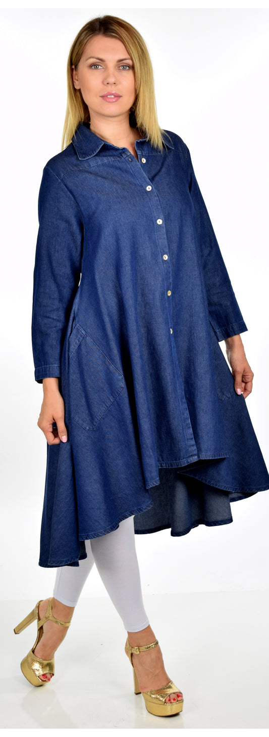 Hi Low Button Down A Line Swing Dress Shirt Top Reg and Plus Sizes