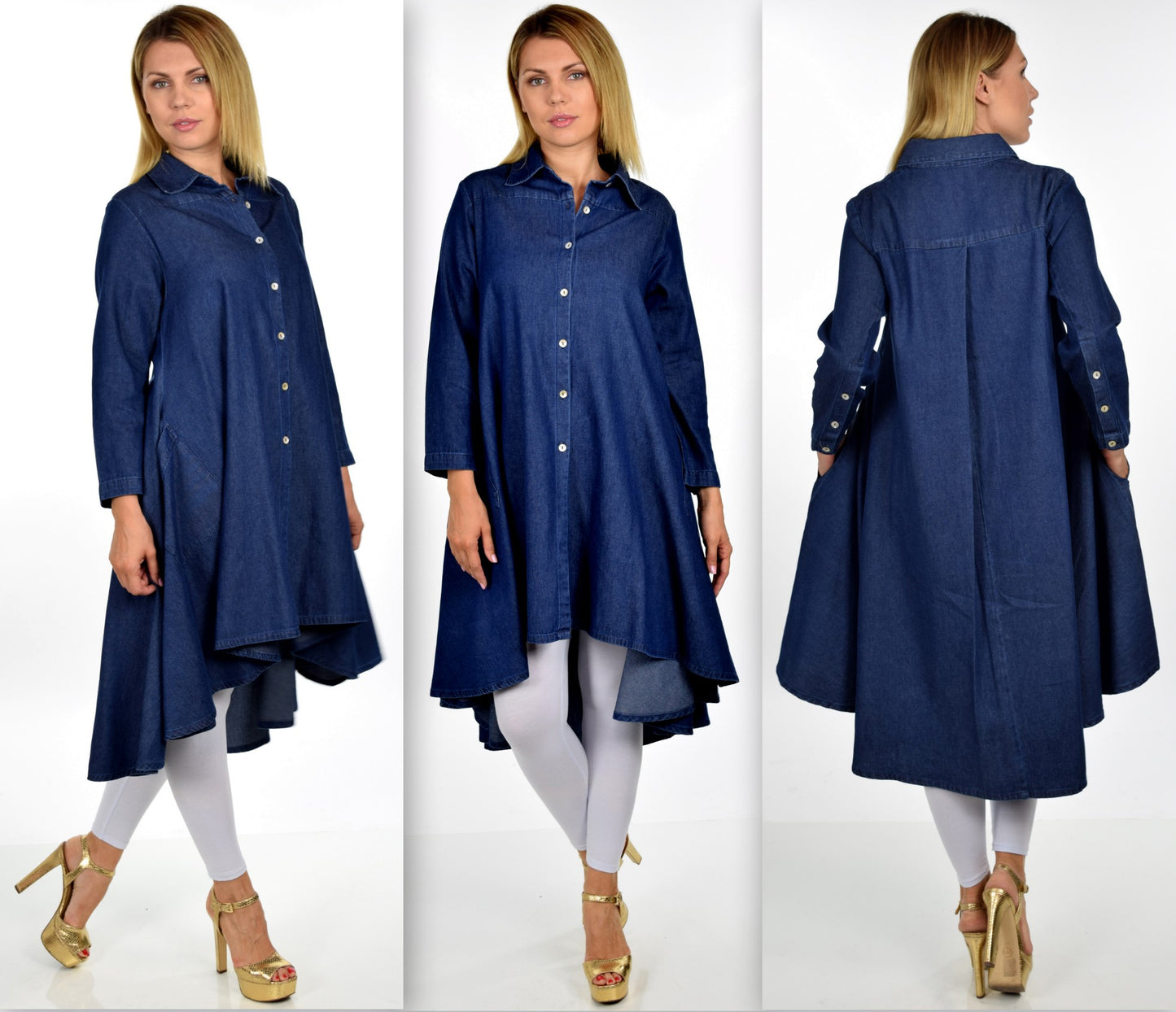 Hi Low Button Down A Line Swing Dress Shirt Top Reg and Plus Sizes