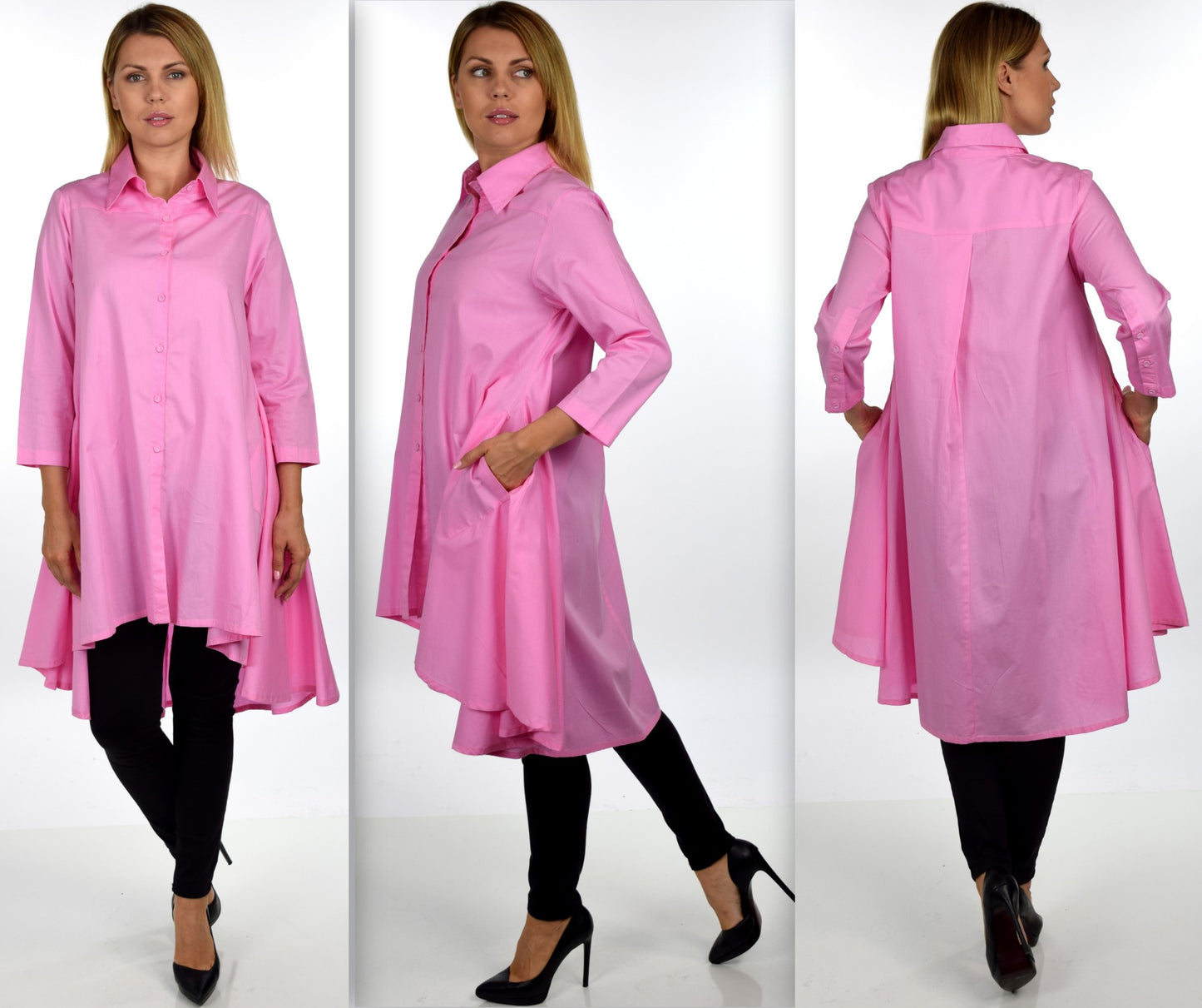 Hi Low Button Down A Line Swing Dress Shirt Top Reg and Plus Sizes