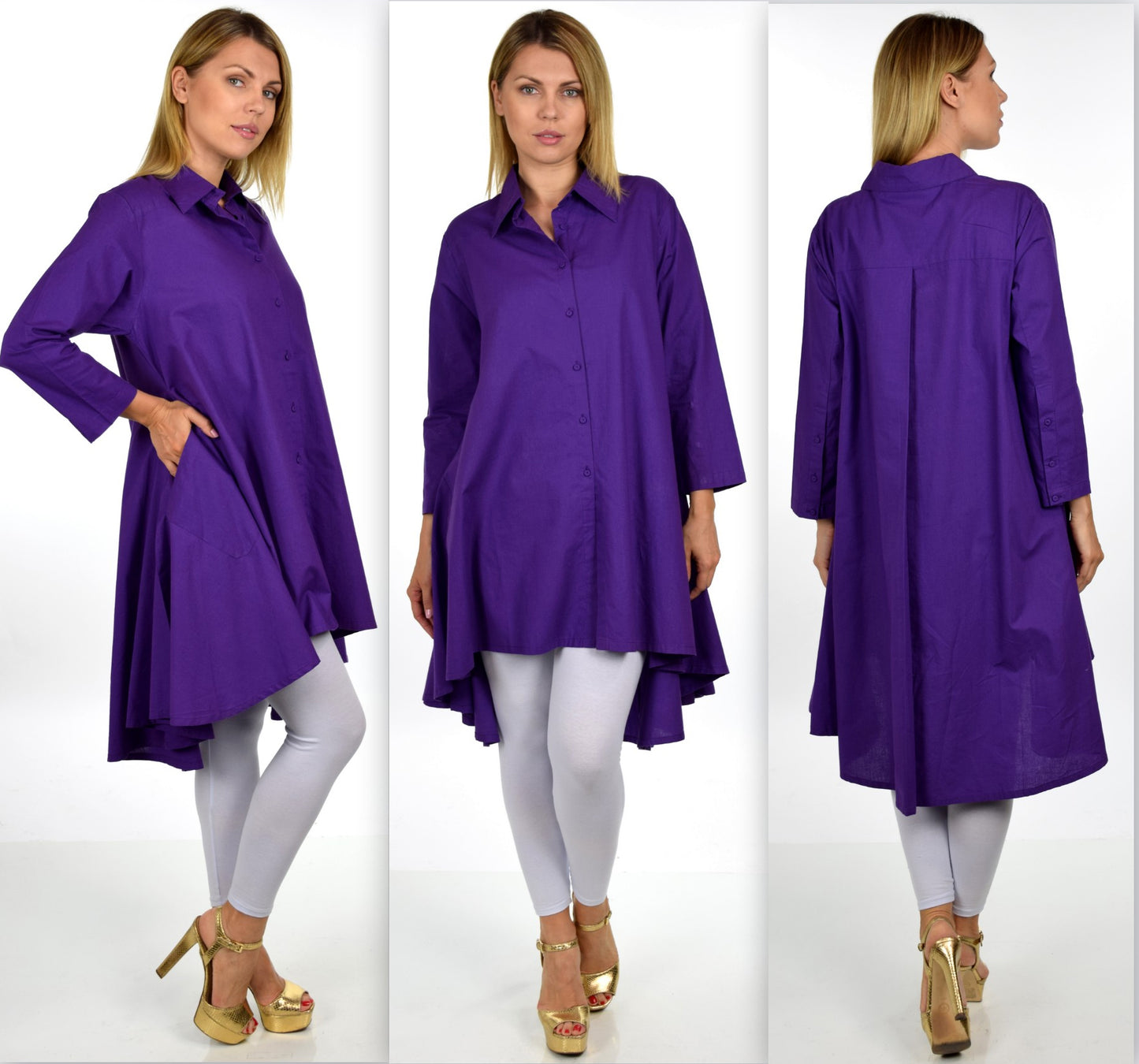 Hi Low Button Down A Line Swing Dress Shirt Top Reg and Plus Sizes