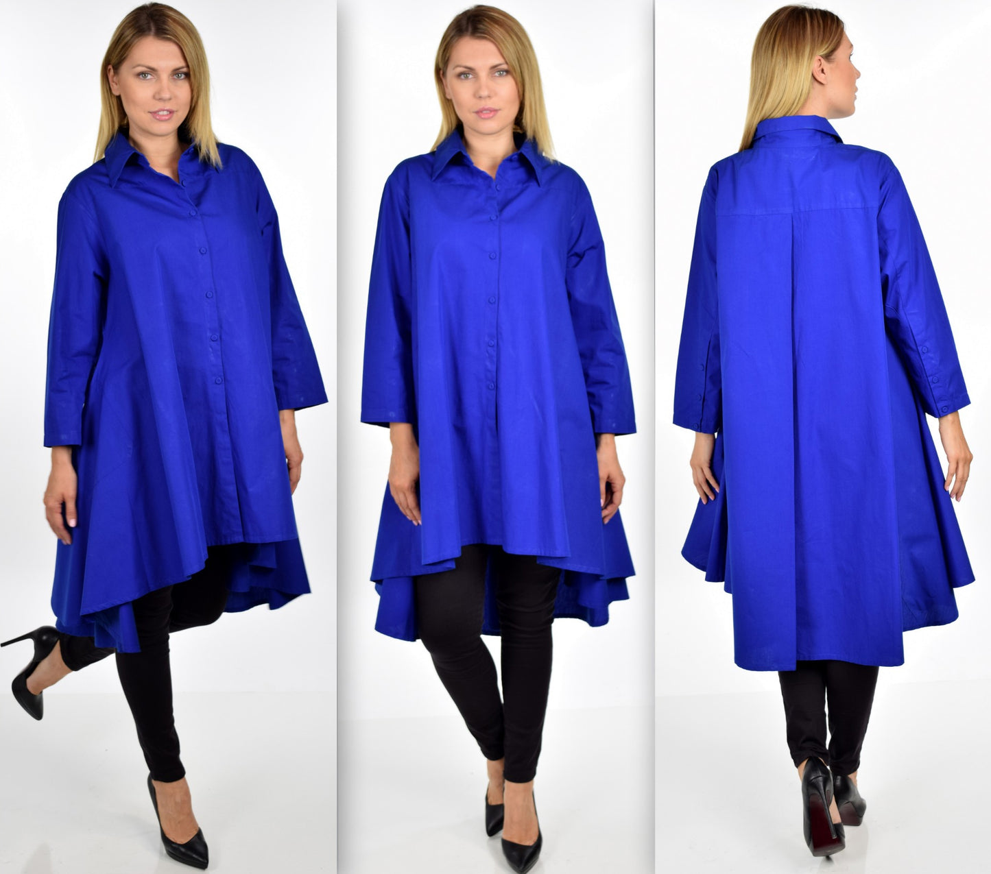 Hi Low Button Down A Line Swing Dress Shirt Top Reg and Plus Sizes
