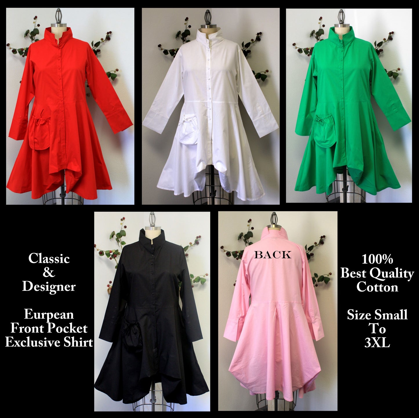 Hi Lo Banded Collar Button Down A Line Swing Dress Shirt Top