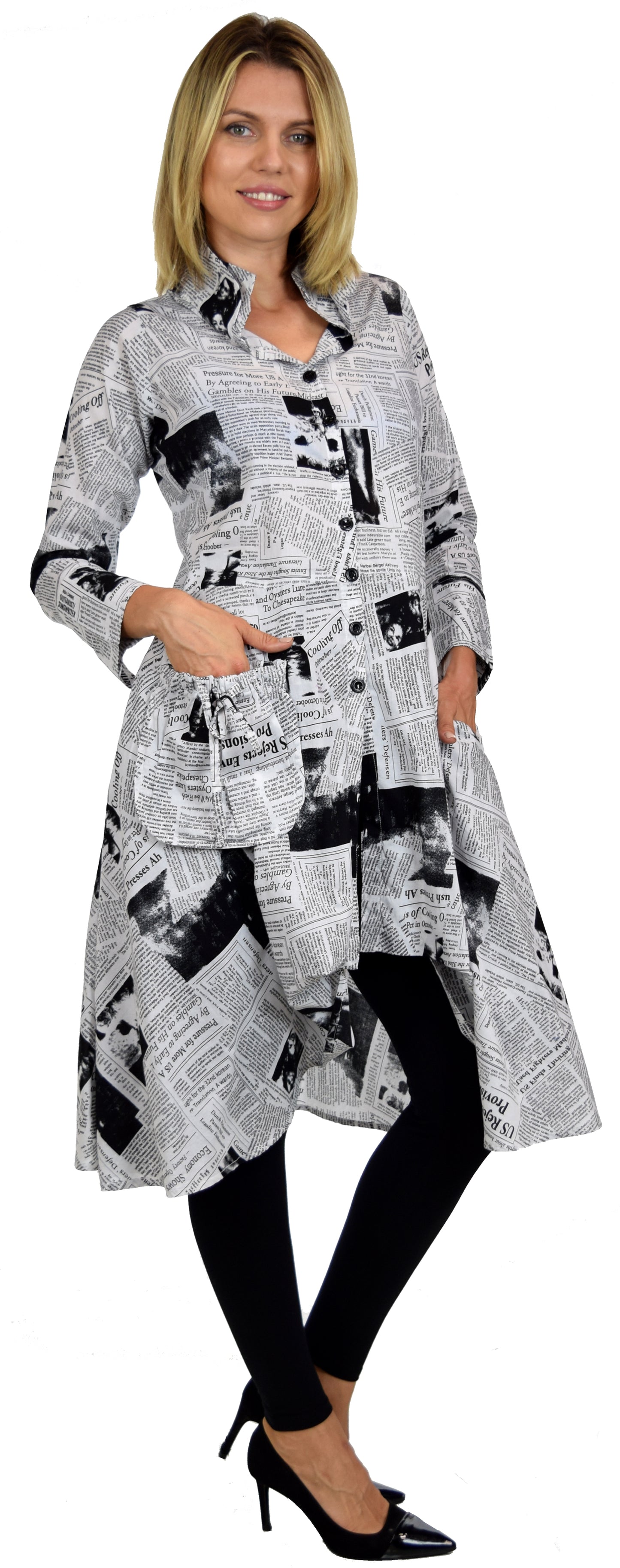 Newspaper Print Shirt, Designer Shirt, Cotton Shirt, Long Shirt, Asymmetrical Shirt,