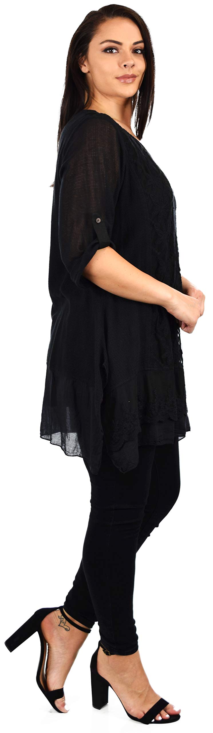 Zopali Women's Plus Size Netted Embroidered Lace Blouse Top w/Roll up Sleeves