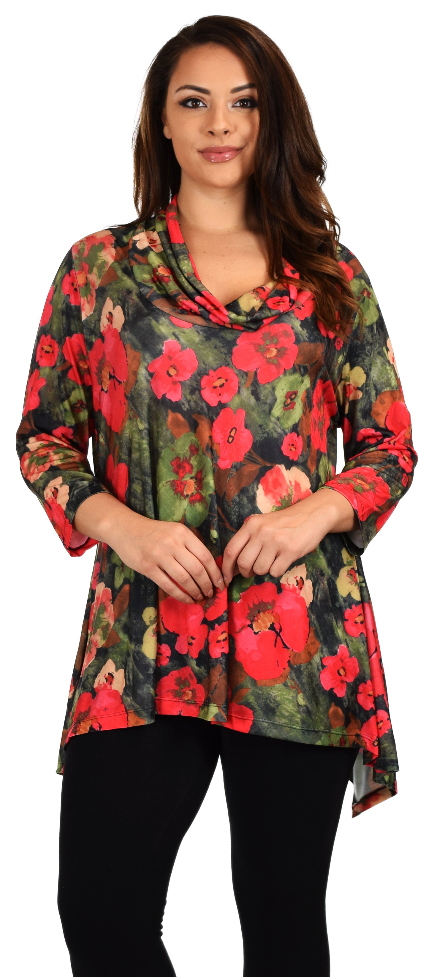 New Royal Concepts Flower Digital Print Tunic, Plus Size Tunic, Cowl Neck Tunic. Ample stretch 1XL TO 4XL