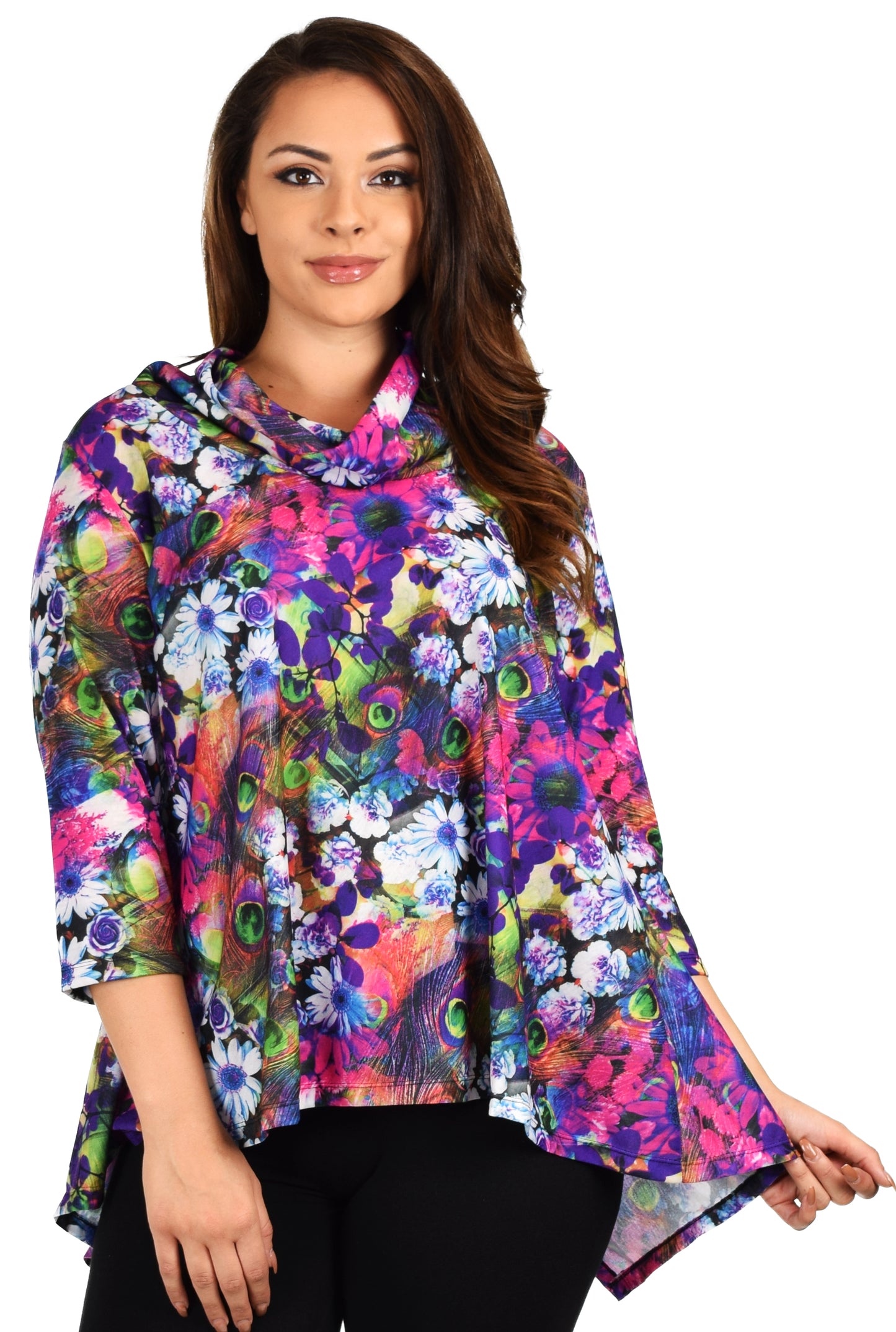 New Royal Concepts Flower Digital Print Tunic, Plus Size Tunic, Cowl Neck Tunic. Ample stretch 1XL TO 4XL