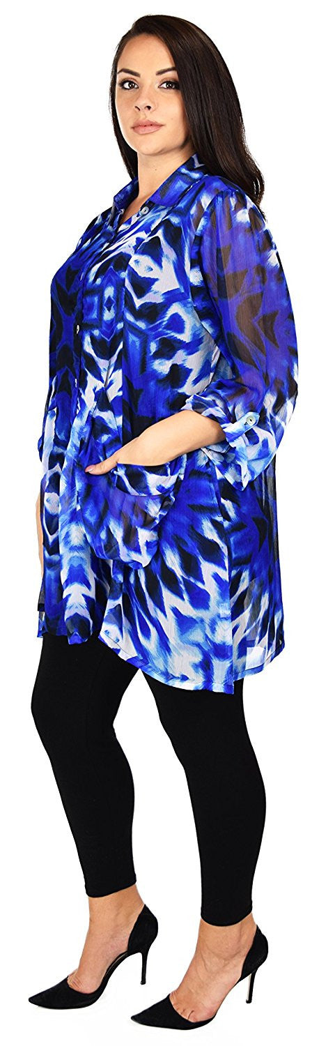 Button Down Semi-Sheer Tunic Blouse Shirt w/ Roll Up Sleeves