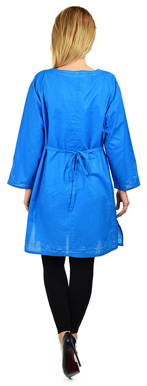 Embroidered Cotton Blouse, Women Cotton Tunic, Cotton Summer Tunic, Cotton Beach Wear,  Shirt Top w/ Drawstring Neck Reg and Plus Sizes