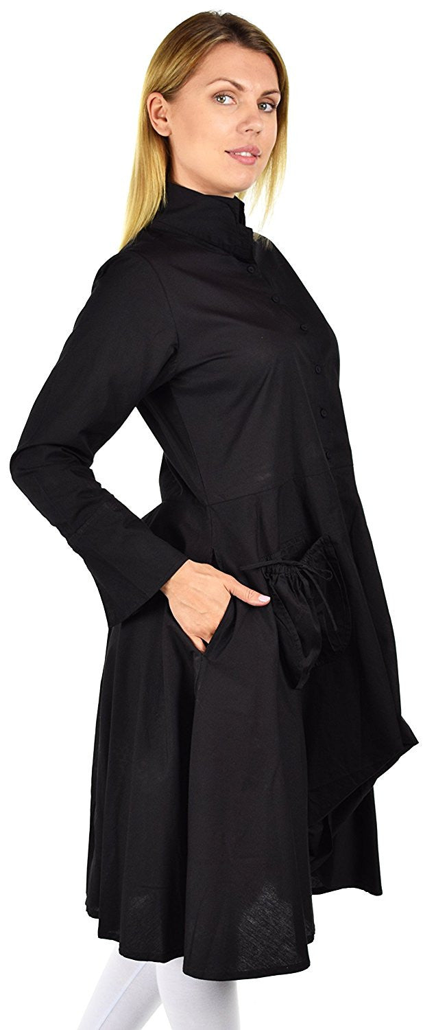 Hi Lo Banded Collar Button Down A Line Swing Dress Shirt Top