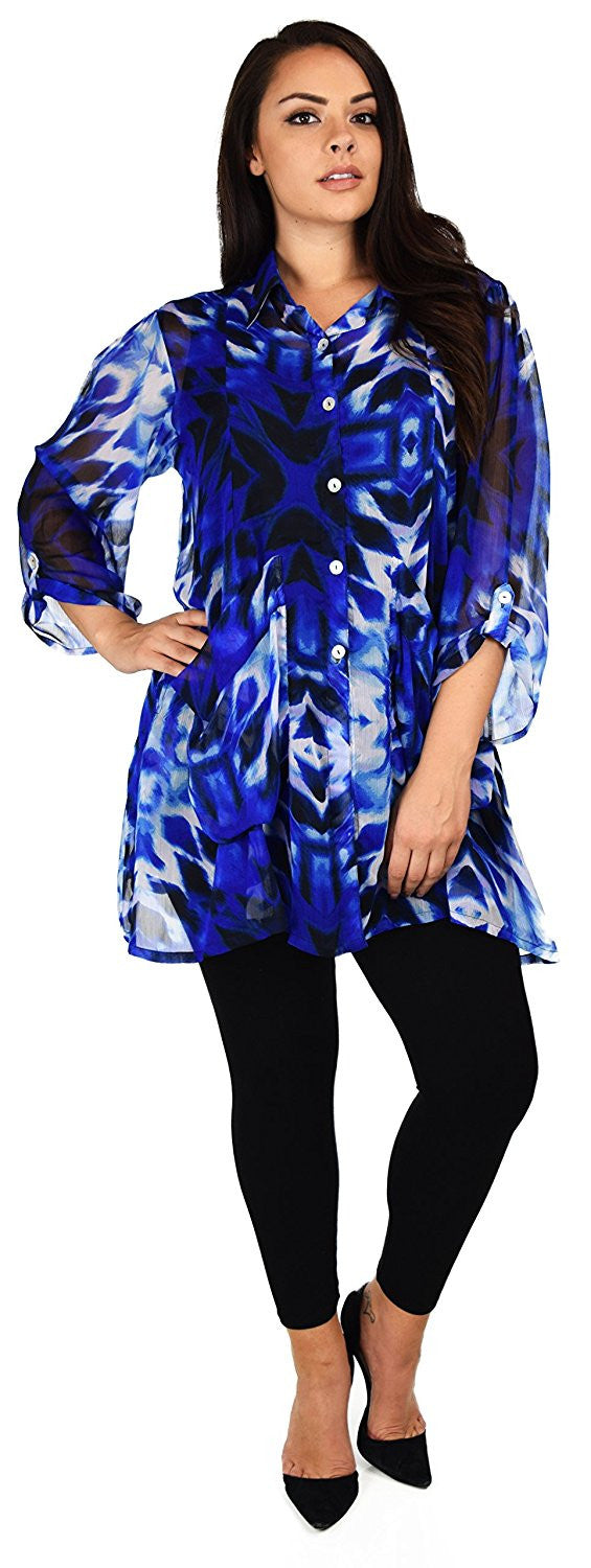 Button Down Semi-Sheer Tunic Blouse Shirt w/ Roll Up Sleeves