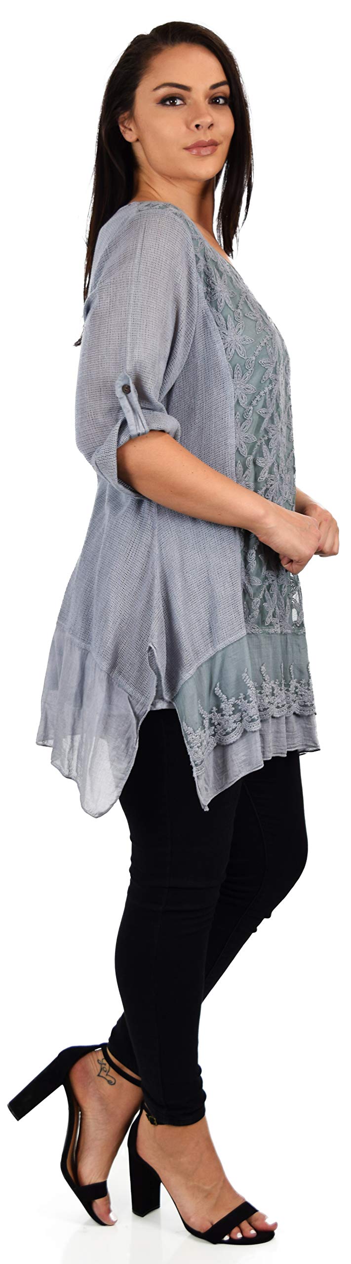 Zopali Women's Plus Size Netted Embroidered Lace Blouse Top w/Roll up Sleeves