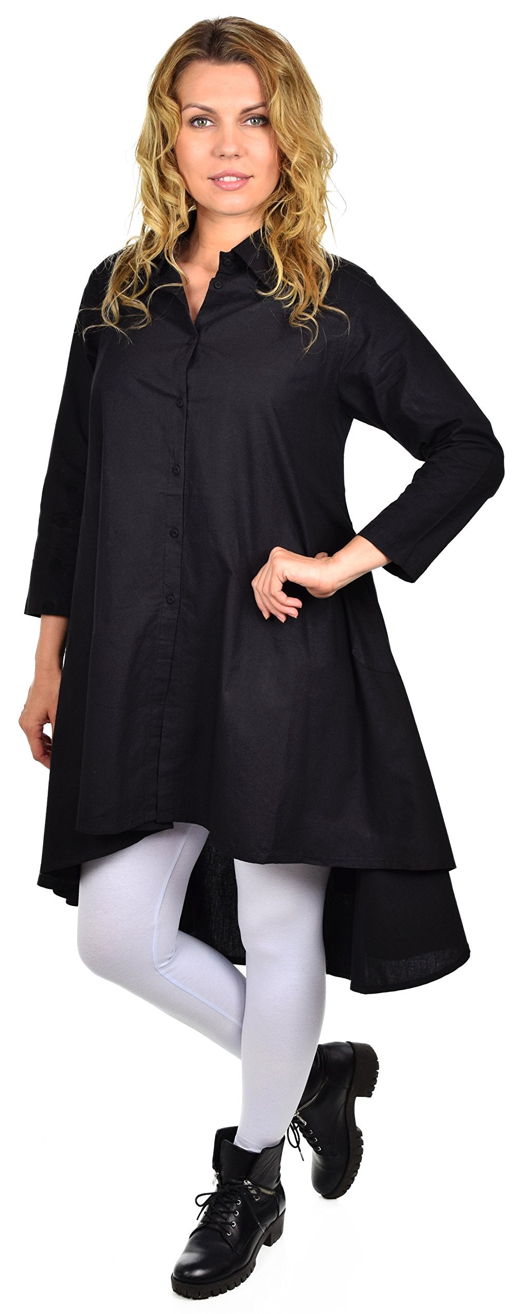 Hi Low Button Down A Line Swing Dress Shirt Top Reg and Plus Sizes