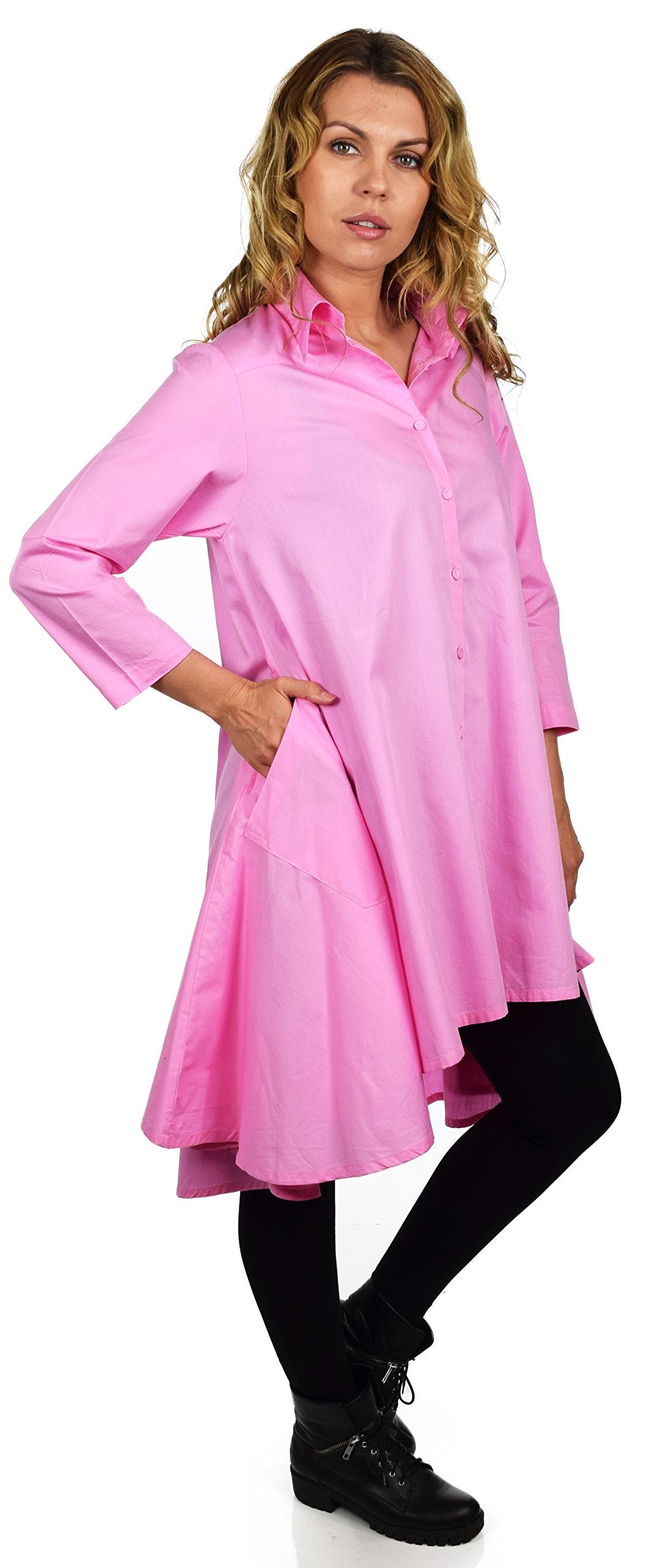 Hi Low Button Down A Line Swing Dress Shirt Top Reg and Plus Sizes