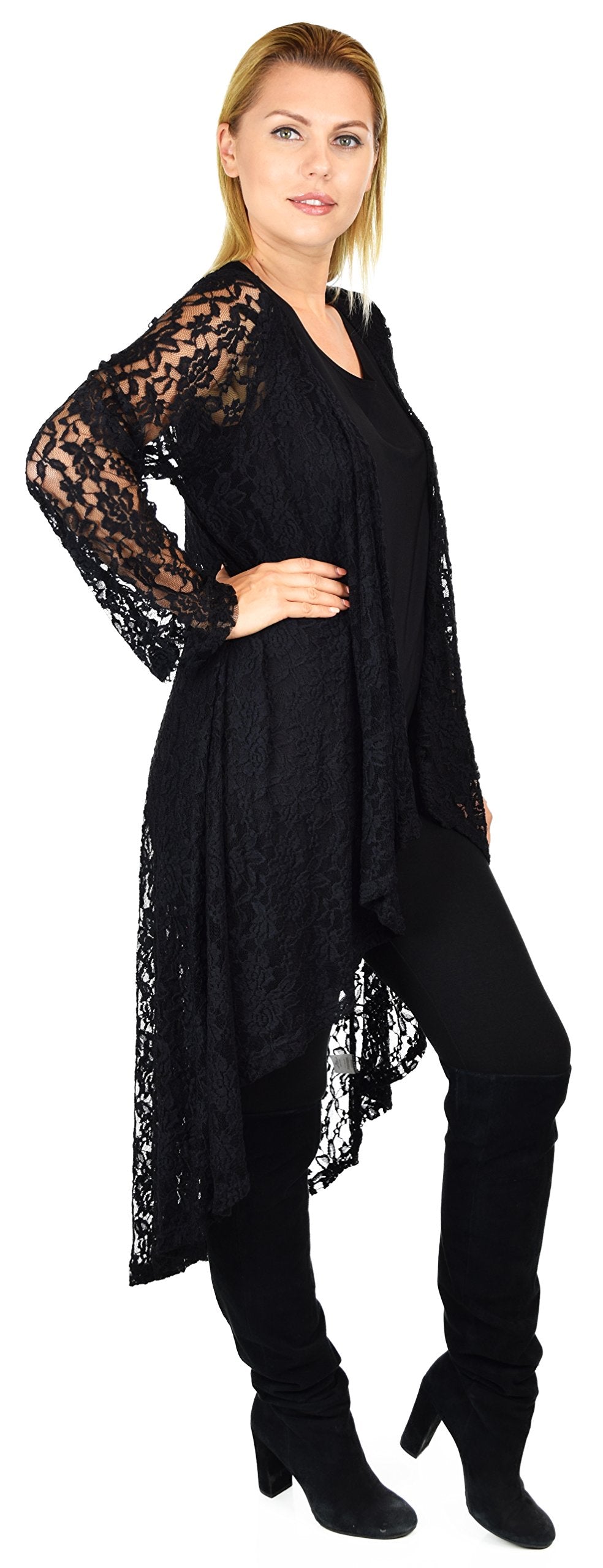 Dare2bStylish Women Plus Size High Low Open Front Lace Duster Cardigan Jacket