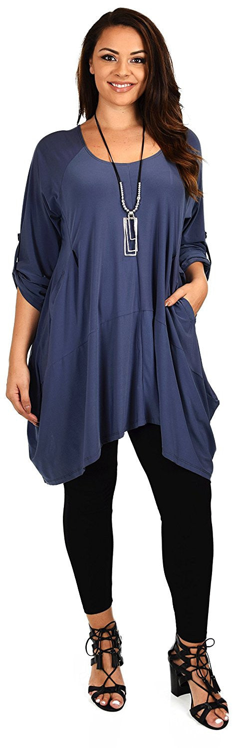 Asymmetrical Lagenlook Tunic, Fishtail Tunic , European inspired Tunic Top w/ Roll Up Sleeves Plus Size