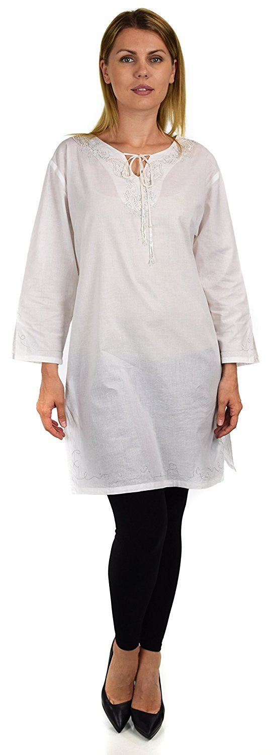 Embroidered Cotton Blouse, Women Cotton Tunic, Cotton Summer Tunic, Cotton Beach Wear,  Shirt Top w/ Drawstring Neck Reg and Plus Sizes