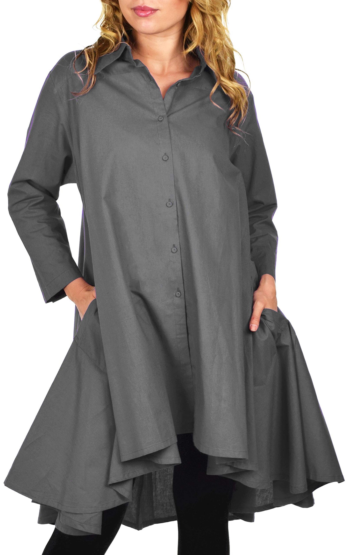 Hi Low Button Down A Line Swing Dress Shirt Top Reg and Plus Sizes