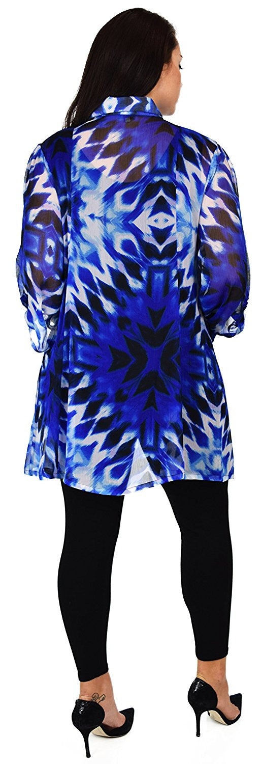 Button Down Semi-Sheer Tunic Blouse Shirt w/ Roll Up Sleeves