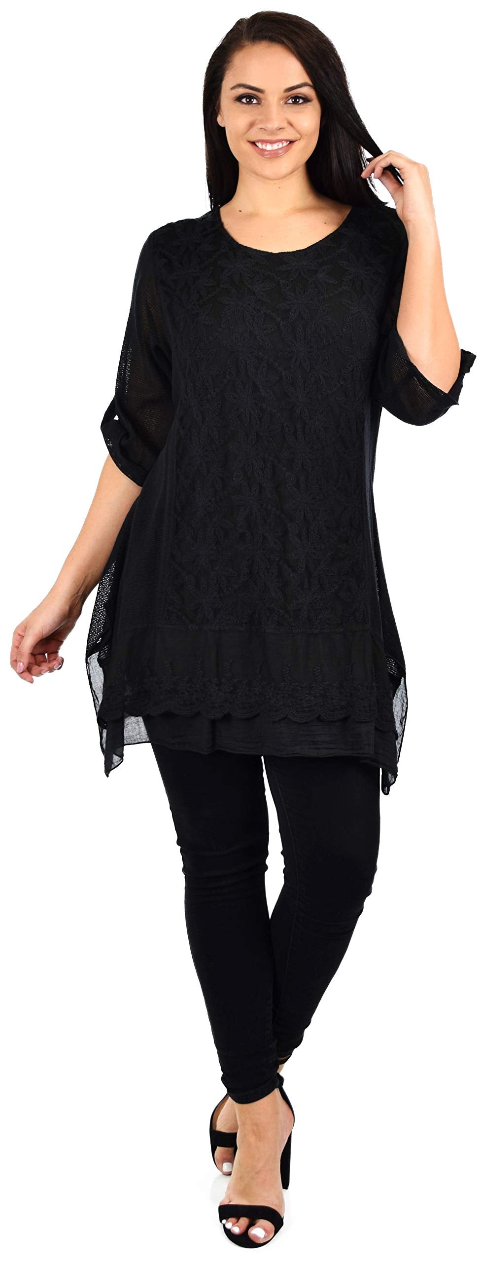 Zopali Women's Plus Size Netted Embroidered Lace Blouse Top w/Roll up Sleeves