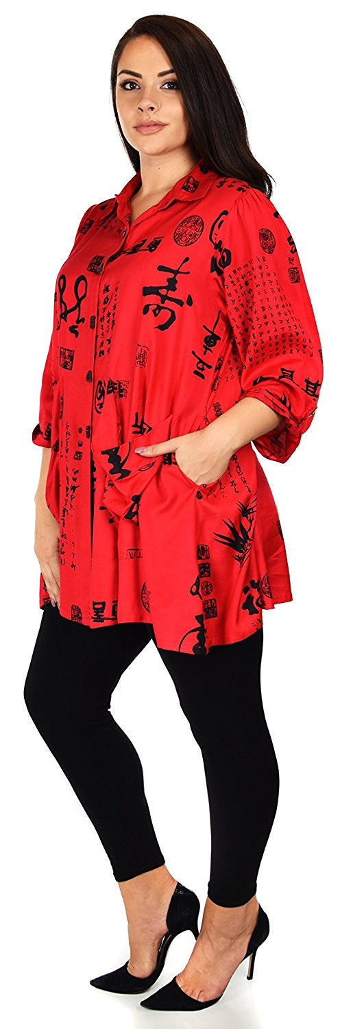 Button Down Tunic Blouse Shirt w/ Roll Up Sleeves