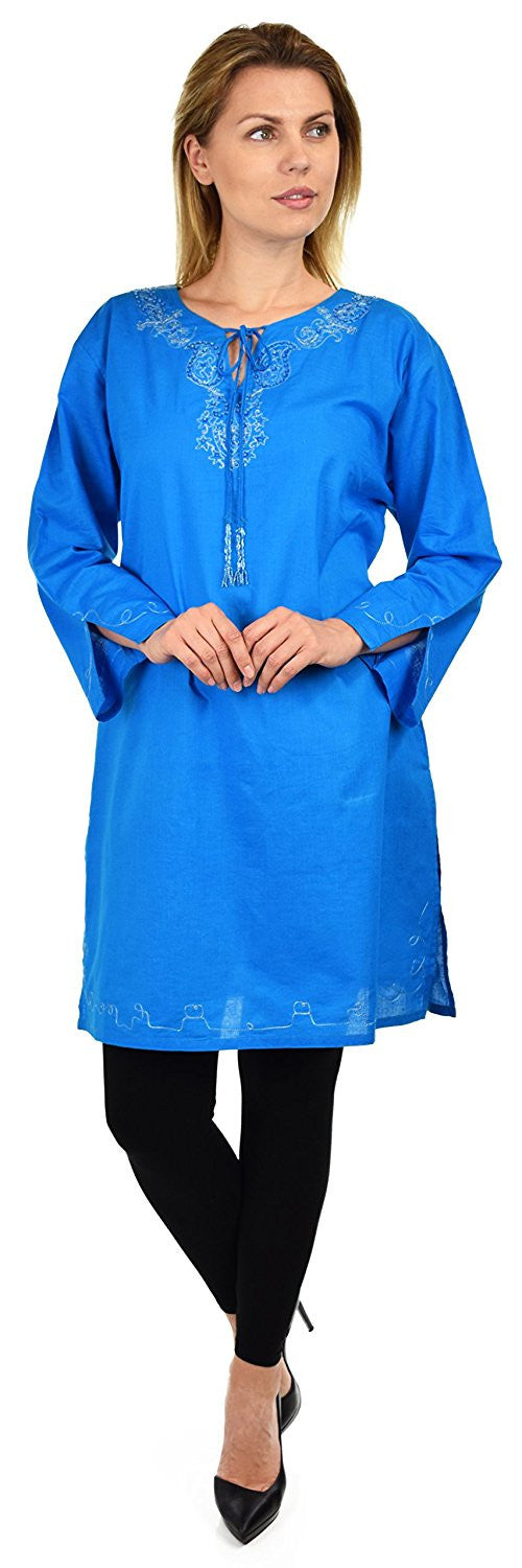 Embroidered Cotton Blouse, Women Cotton Tunic, Cotton Summer Tunic, Cotton Beach Wear,  Shirt Top w/ Drawstring Neck Reg and Plus Sizes