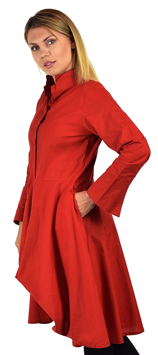 Hi Lo Banded Collar Button Down A Line Swing Dress Shirt Top