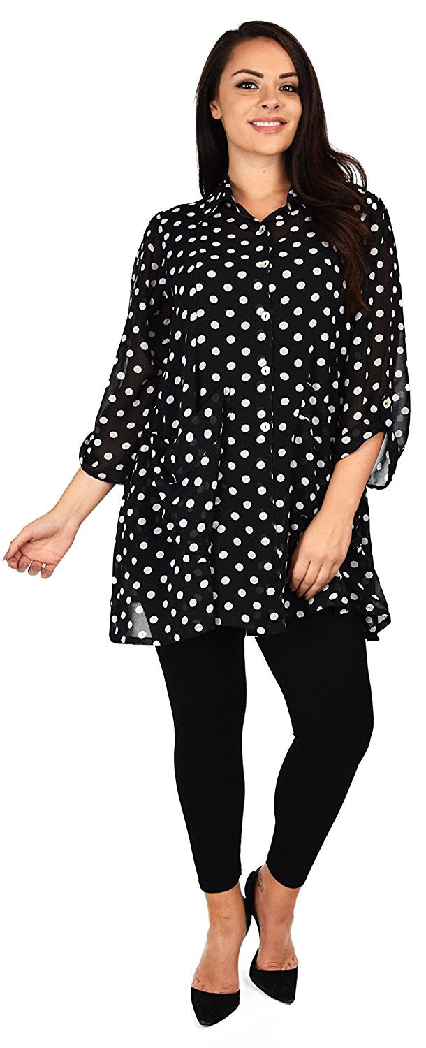 Button Down Semi-Sheer Tunic Blouse Shirt w/ Roll Up Sleeves