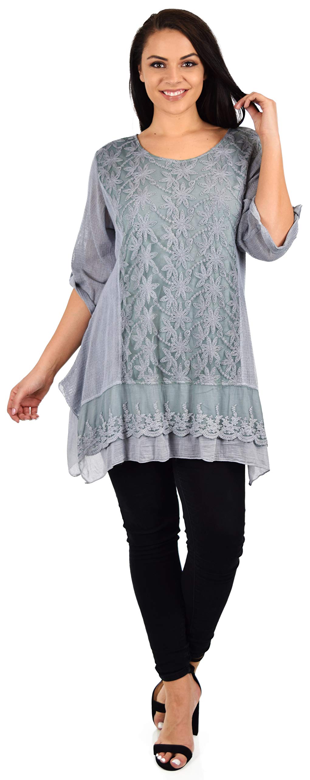 Zopali Women's Plus Size Netted Embroidered Lace Blouse Top w/Roll up Sleeves