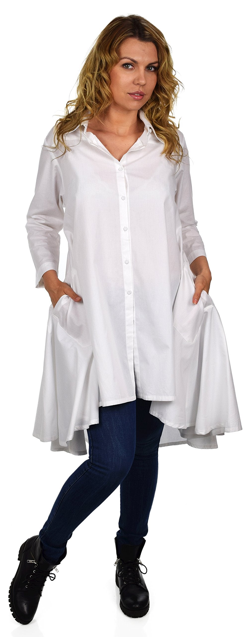 Hi Low Button Down A Line Swing Dress Shirt Top Reg and Plus Sizes