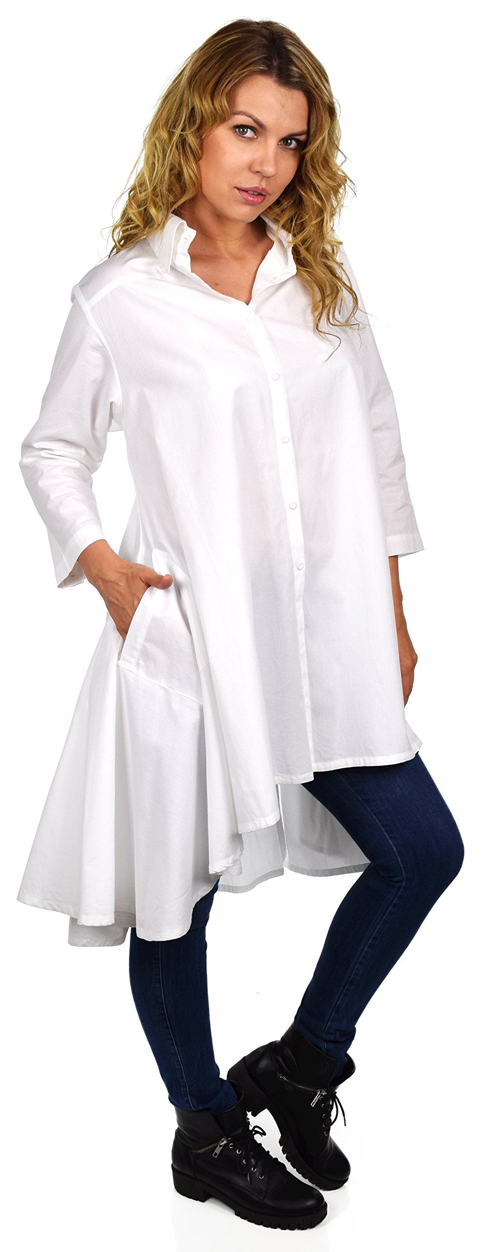 Hi Low Button Down A Line Swing Dress Shirt Top Reg and Plus Sizes