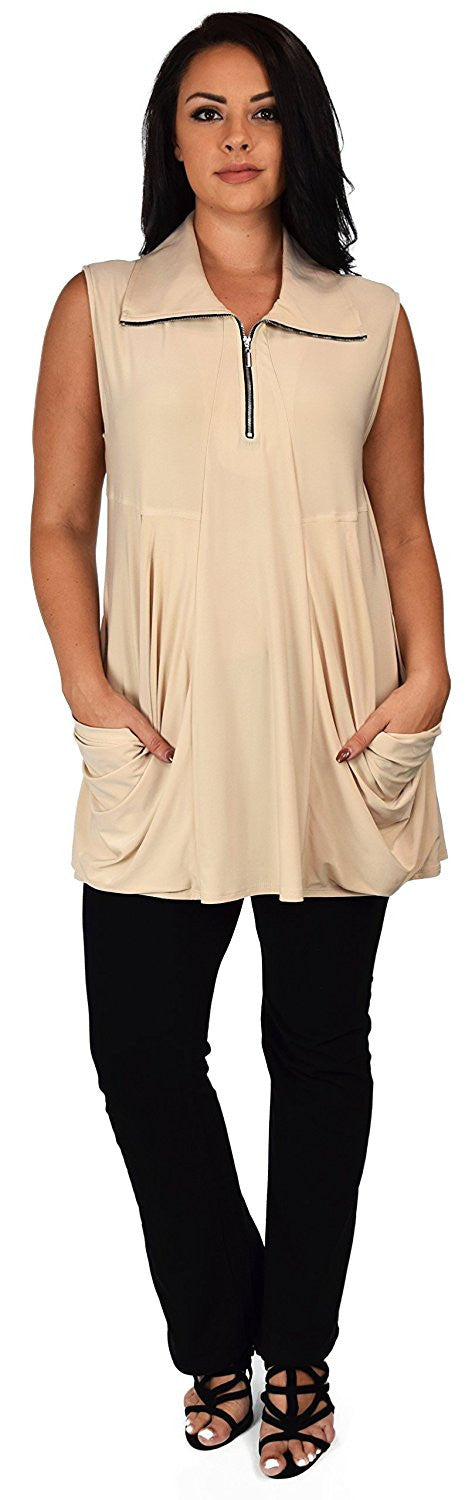 Plus Size Summer Sleeveless Tunic Shirt Top w/ Zipped Collar